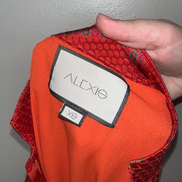 Alexis Lishan Red Fire Print Tie Neck Puff Sleeve Ruffle Hem Mini Dress XS - Picture 4 of 8